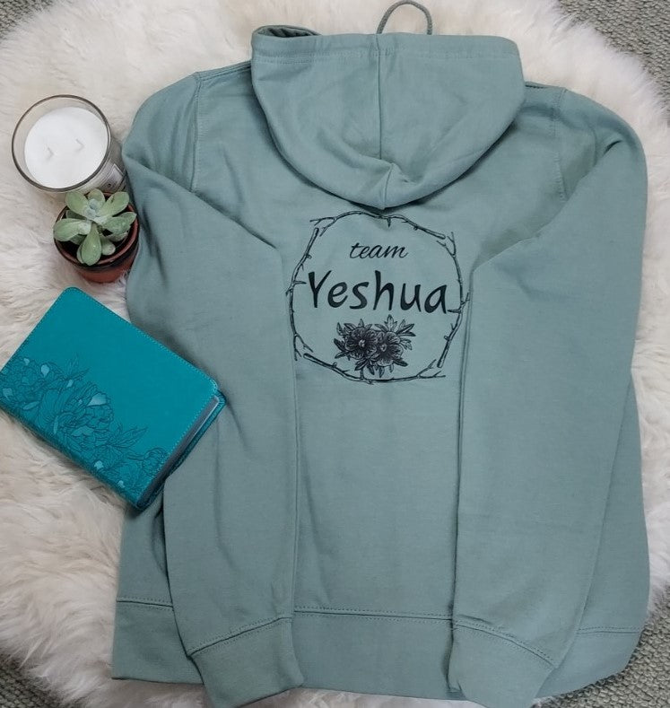 Jesus-themed Christian women's zip up hoodie with Team Yeshua design on the back