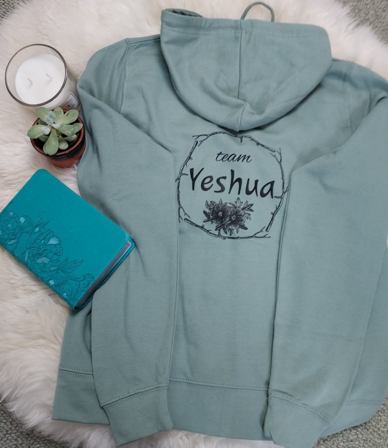 Jesus-themed Christian women's zip up hoodie with Team Yeshua design on the back