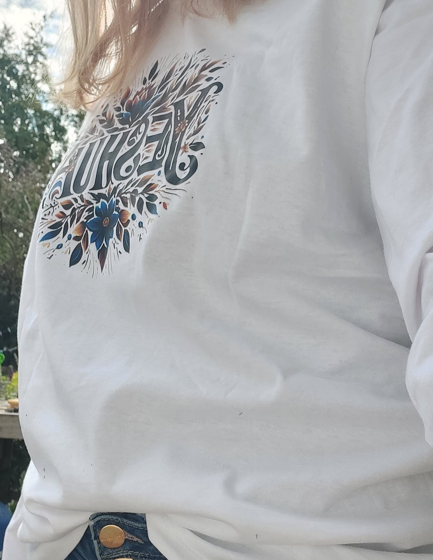 Oversized long sleeve T-shirt for women with floral Yeshua design