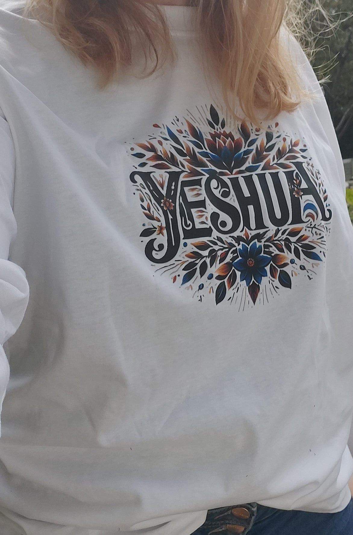 Oversized long sleeve T-shirt for women with floral Yeshua design