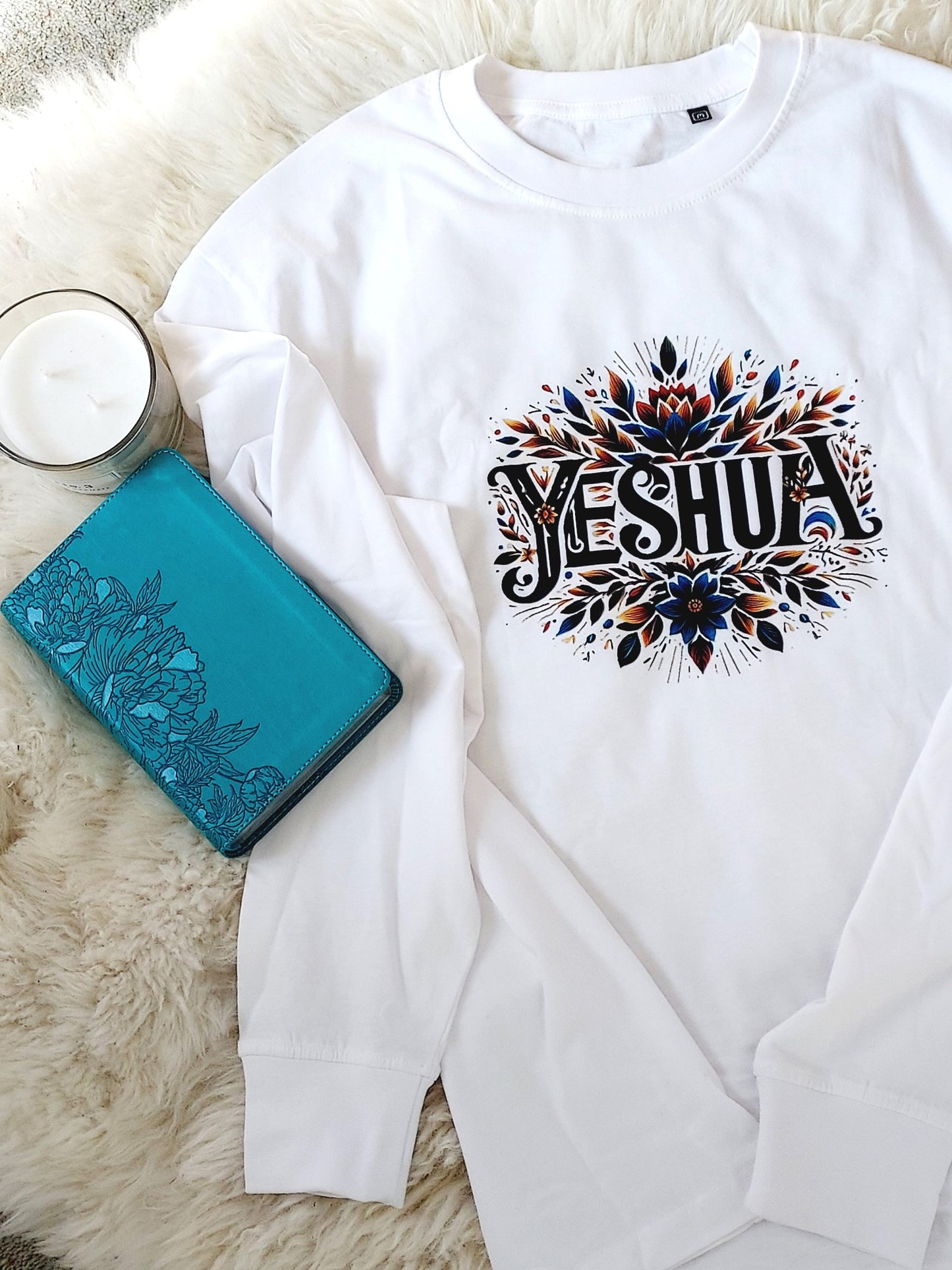 Oversized long sleeve T-shirt for women with floral Yeshua design