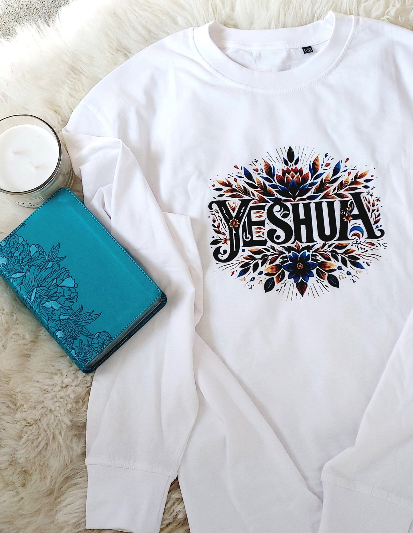 Oversized long sleeve T-shirt for women with floral Yeshua design