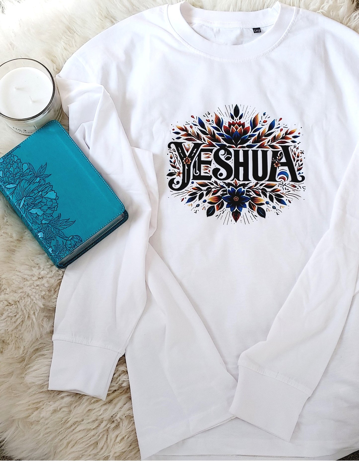 Oversized long sleeve T-shirt for women with floral Yeshua design