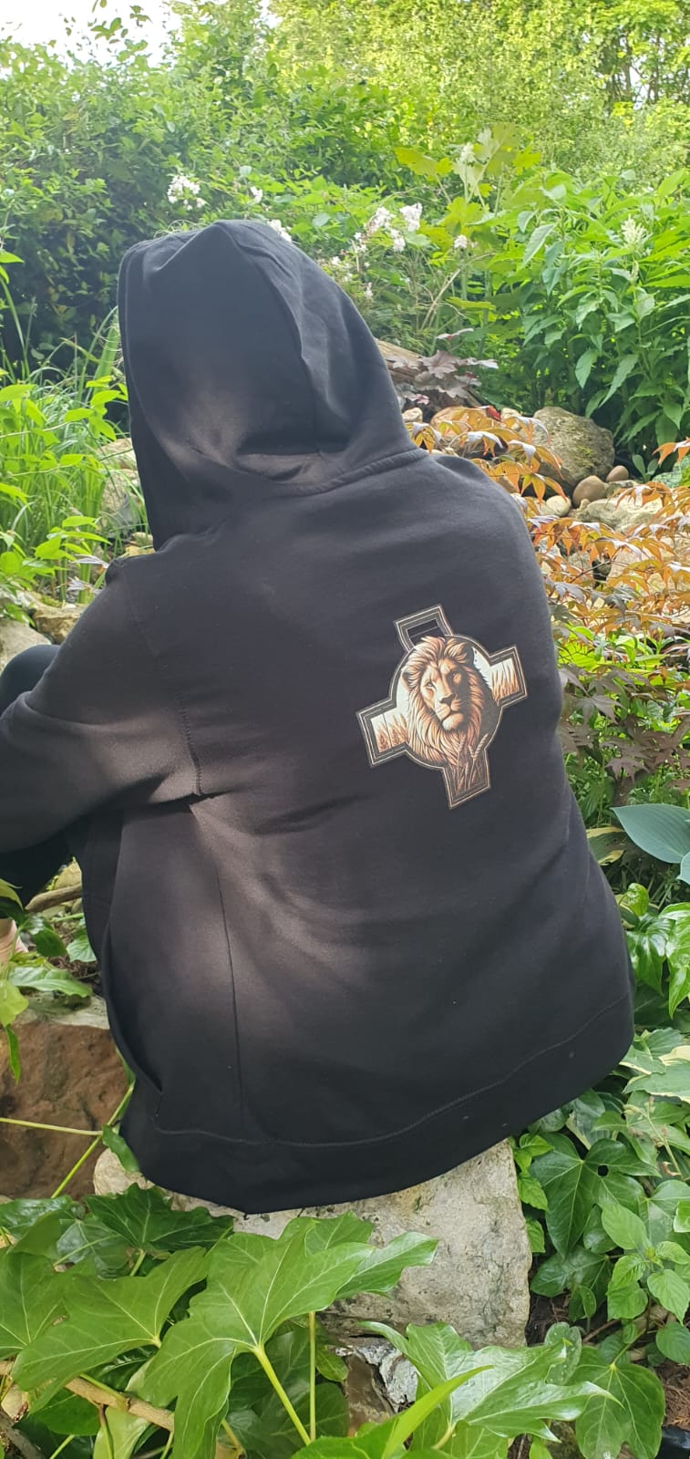 Christian women's zip up hoodie with Lion of Judah and cross design on the back