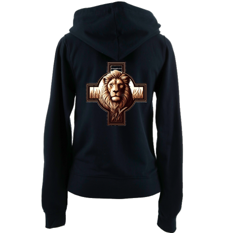 Christian women's zip up hoodie with Lion of Judah and cross design on the back