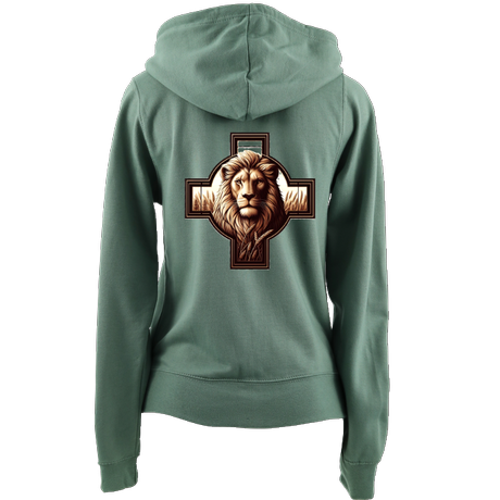 Christian women's zip up hoodie with Lion of Judah and cross design on the back