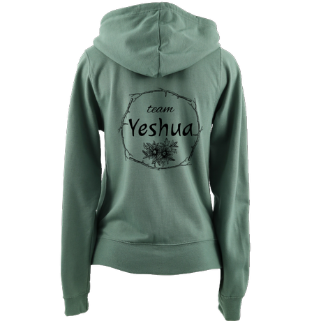 Jesus-themed Christian women's zip up hoodie with Team Yeshua design on the back