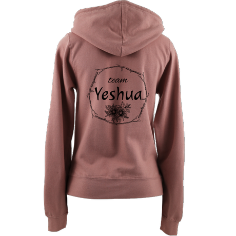 Jesus-themed Christian women's zip up hoodie with Team Yeshua design on the back